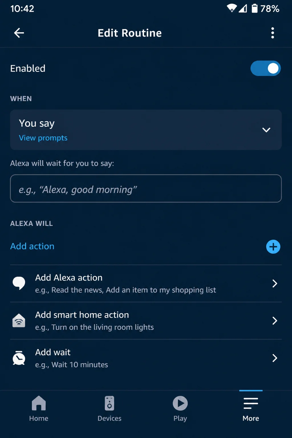 Alexa routine editing screen containing a non-personal test trigger and several smart home actions
