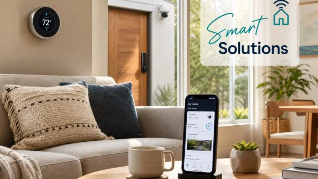 Living room scene with a wall thermostat, exterior security camera on the door, a smart door lock, and a smartphone showing a home automation app; 'Smart Solutions' logo overlayed on the window. - best-smart-locks-cameras-and-thermostats-for-airbnb-hosts-featured