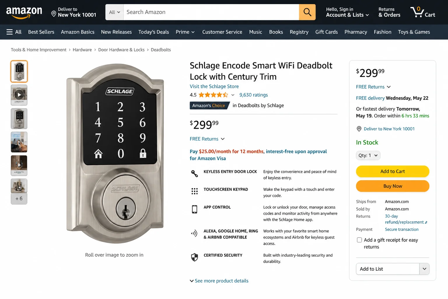 Current Schlage Encode Plus product page showing the lock, keypad, and built-in Wi-Fi information