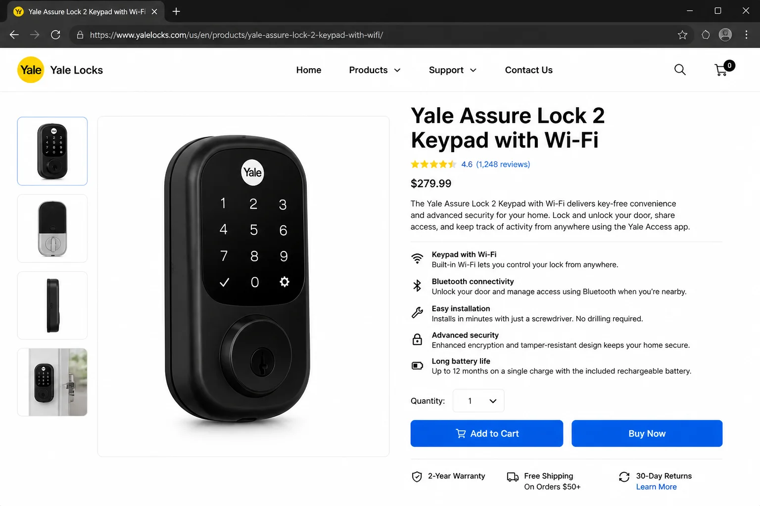 Current Yale Assure Lock 2 product page showing available keypad and connectivity configurations