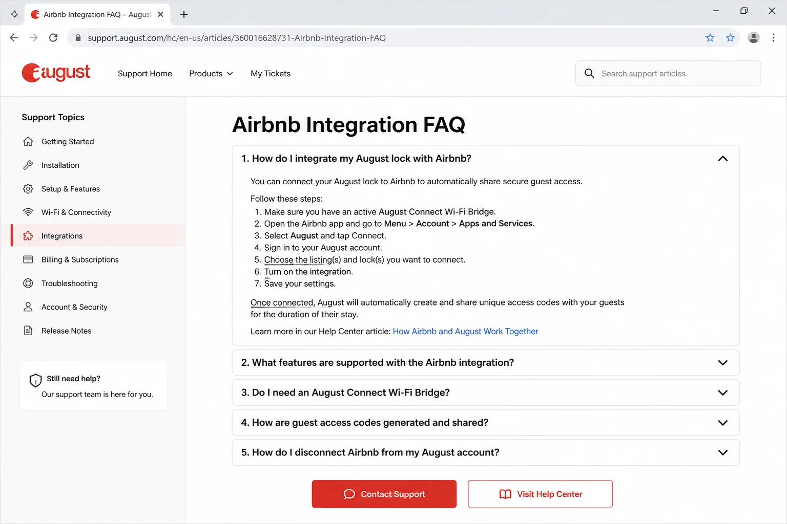 Current August Airbnb integration page showing compatible lock access and unique guest code delivery