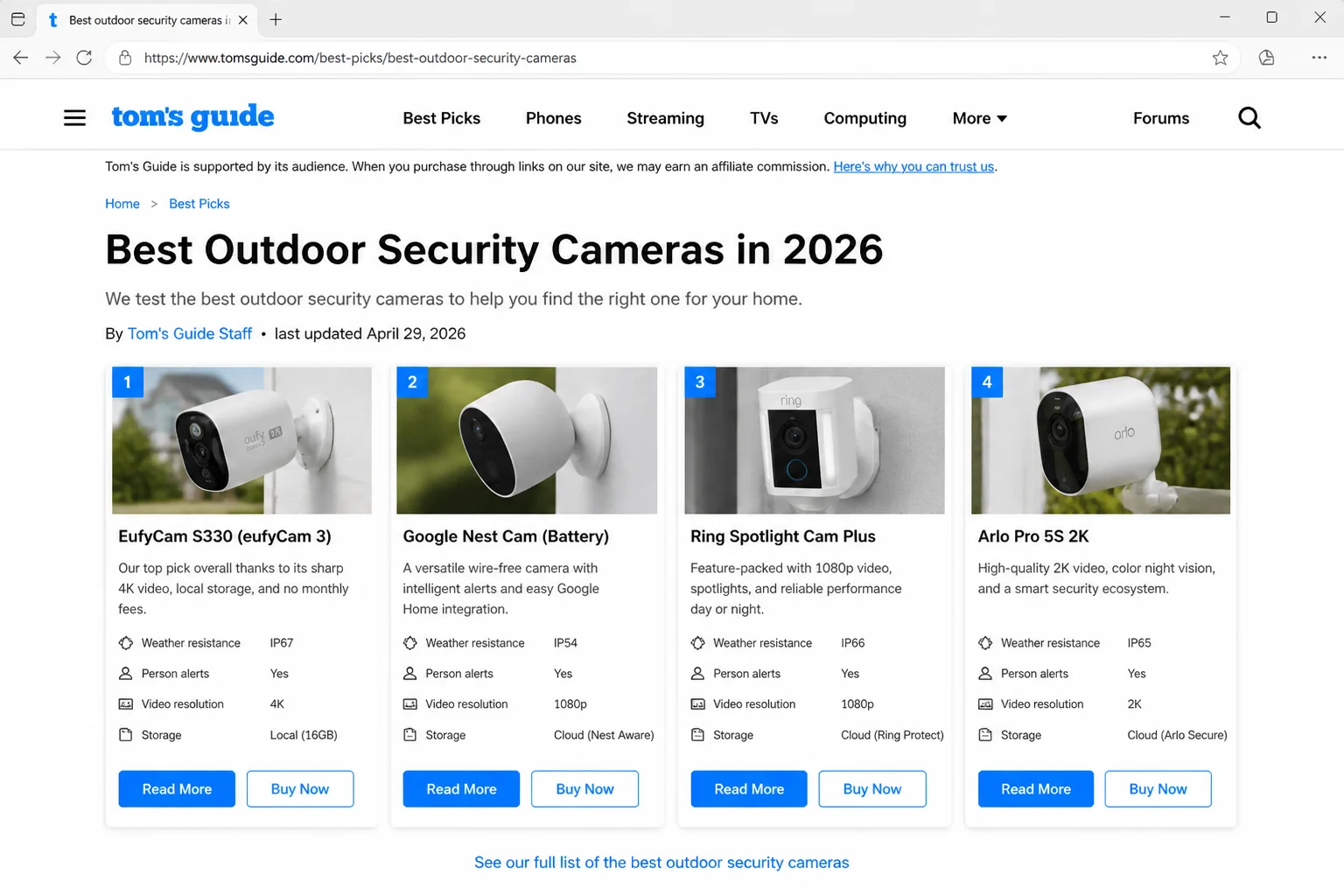 Current outdoor security camera product comparison showing weather resistance, person alerts, video resolution, and storage