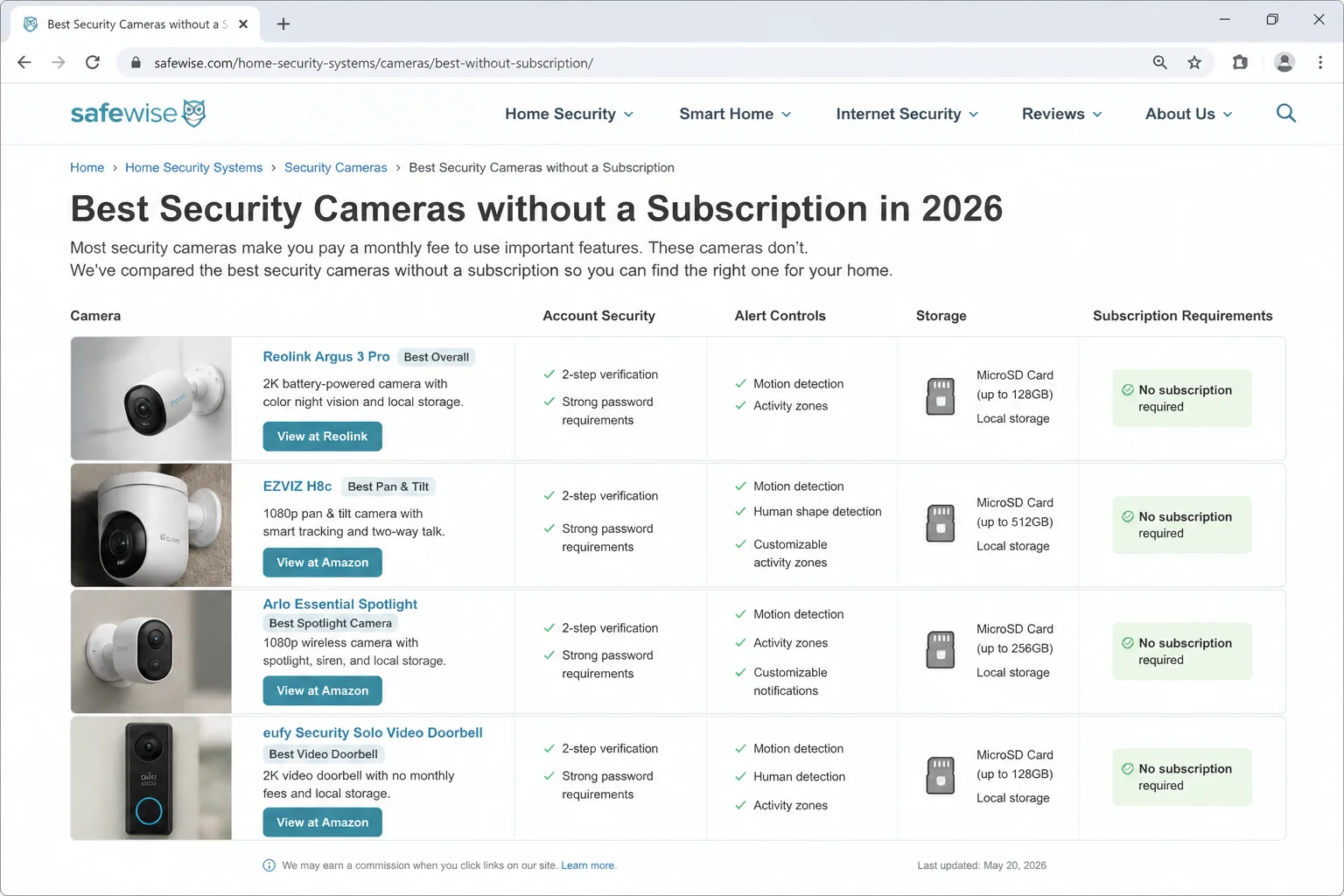 Current budget outdoor camera comparison showing account security, alert controls, storage, and subscription requirements
