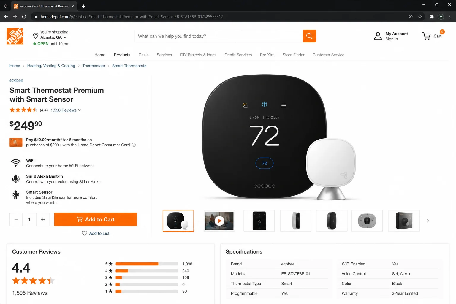 Current ecobee smart thermostat product page showing remote controls, occupancy features, and room sensor support