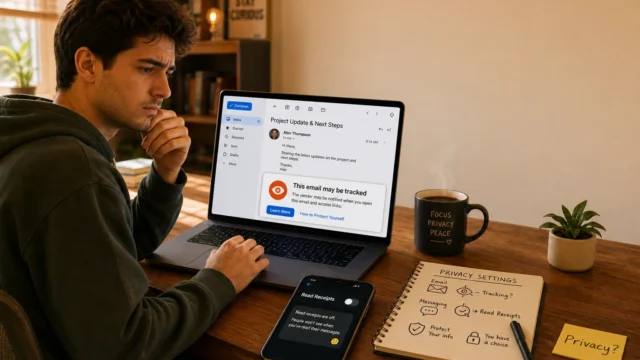 Young man works at a wooden desk on a laptop, with a notebook about privacy settings, a steaming mug, and a nearby smartphone on hand. - can-someone-know-when-ive-opened-their-email-featured