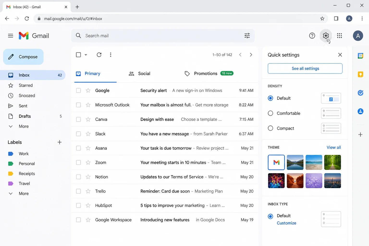 Gmail web app with the gear icon clicked in the top-right corner, showing the quick settings panel open with "See all settings" option highlighted