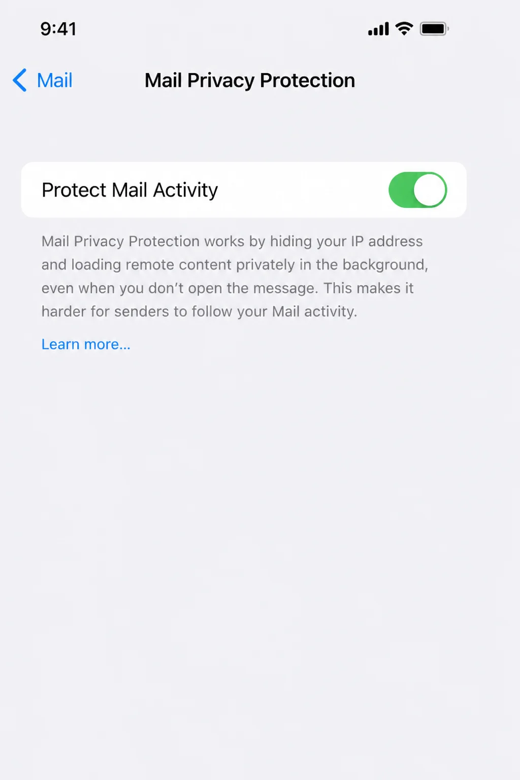 iOS Settings > Apps > Mail > Privacy Protection screen with the "Protect Mail Activity" toggle switched on