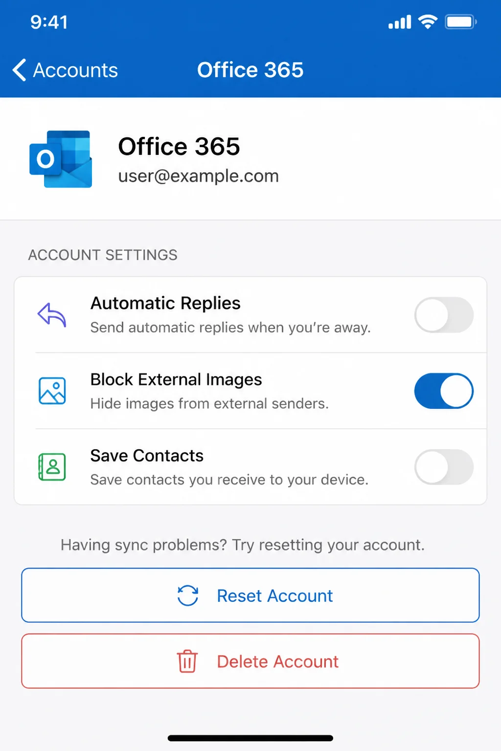 Outlook iOS app account settings screen with the "Block external images" toggle in the on position