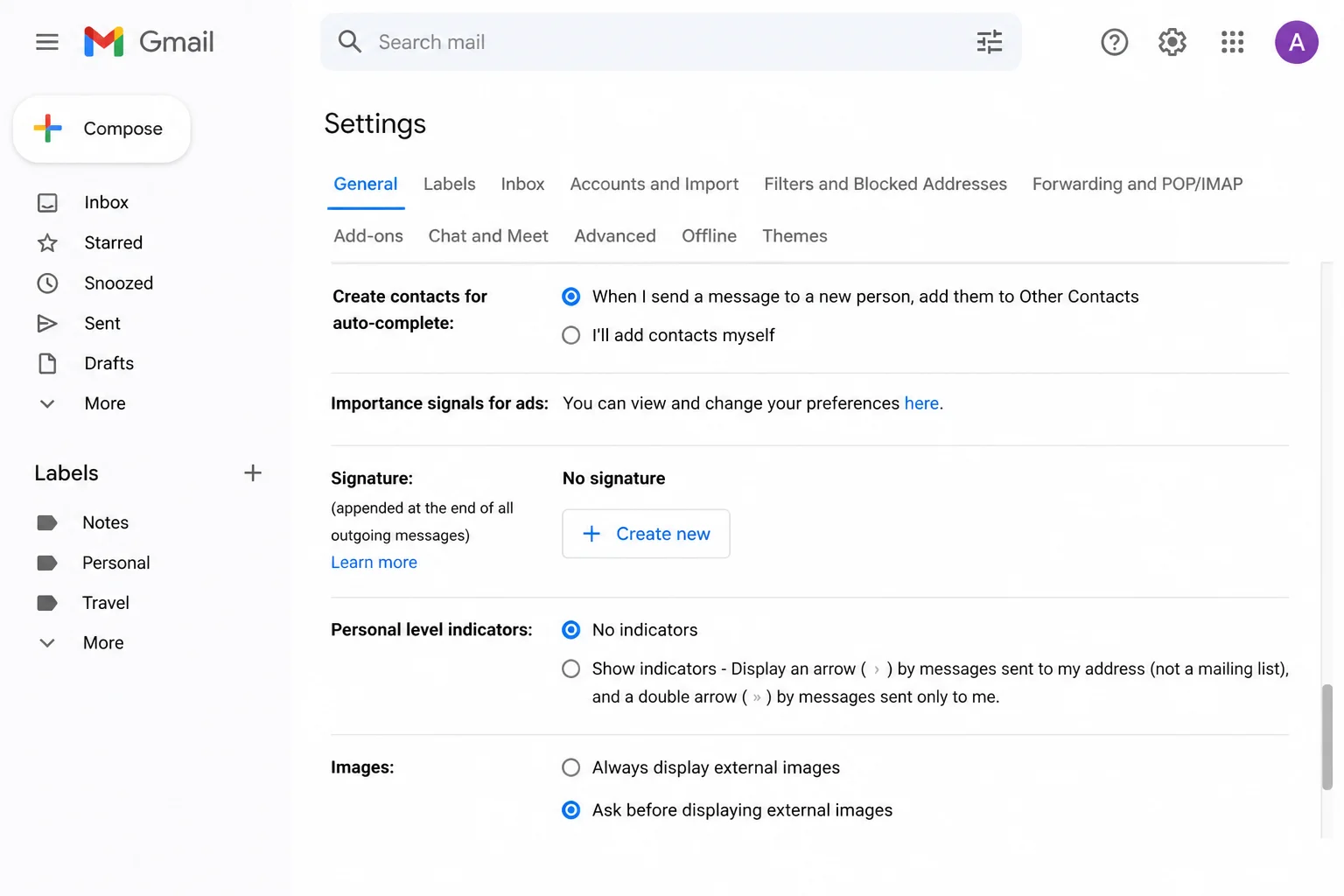 Gmail Settings General tab scrolled down to the Images section showing two radio button options for how external images are handled