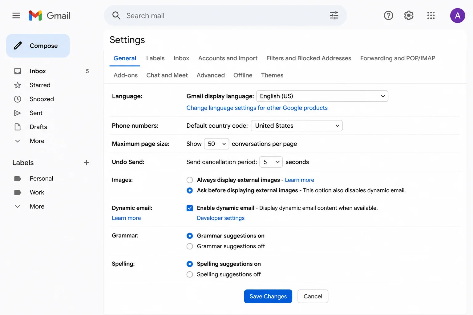Gmail Settings General tab with the "Ask before displaying external images" radio button selected and the Save Changes button visible at the bottom of the page