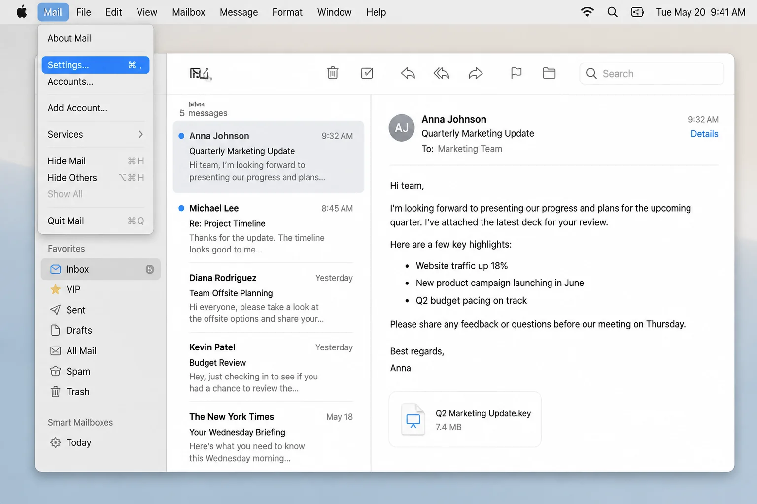 macOS Mail app with the Mail menu open in the menu bar and the Settings option highlighted