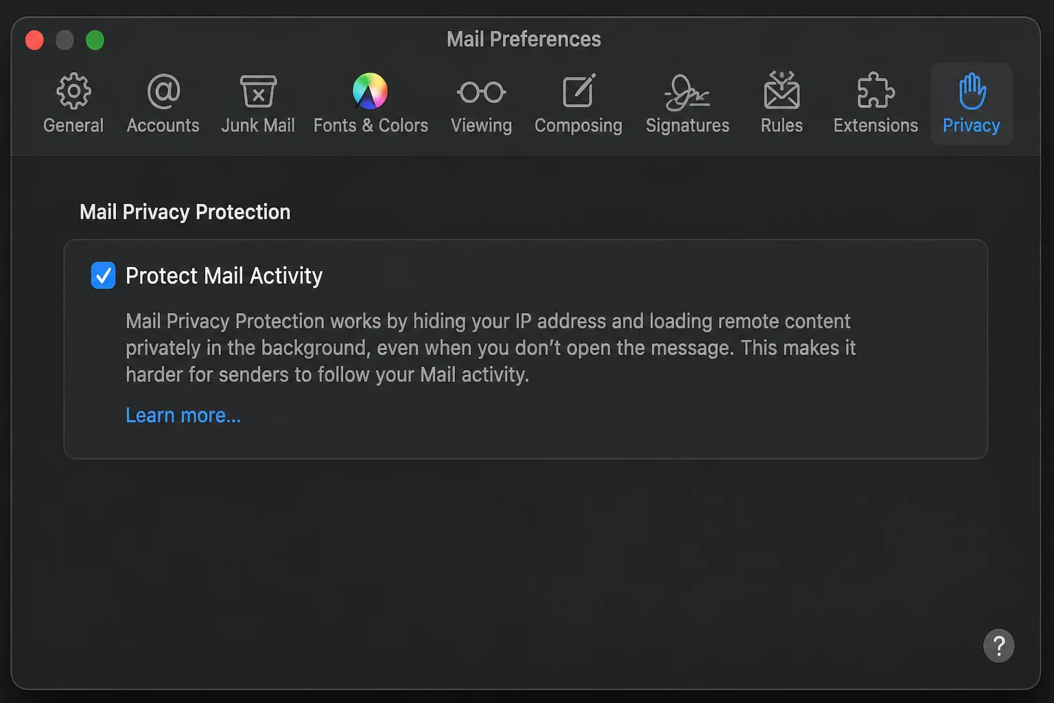 macOS Mail Settings window on the Privacy tab with the "Protect Mail activity" checkbox enabled