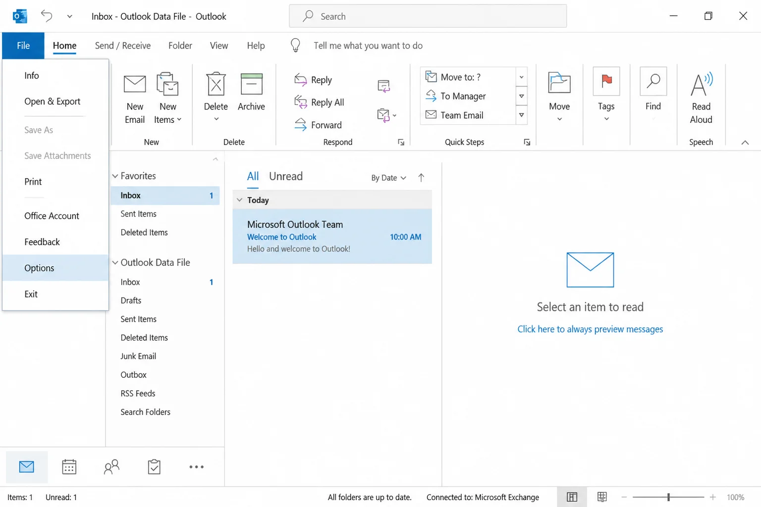 Outlook desktop app with the File menu open and Options highlighted in the menu