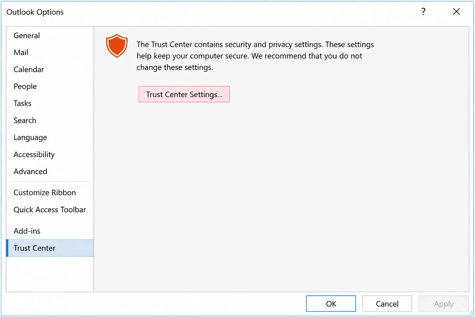 Outlook Options dialog box with Trust Center selected in the left sidebar and the Trust Center Settings button visible on the right