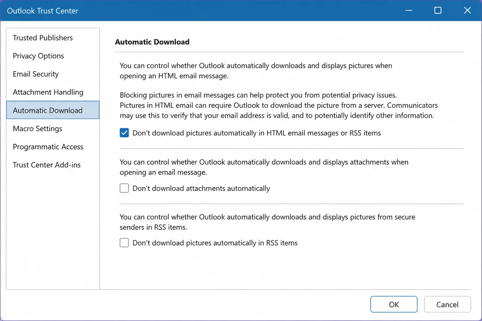 Outlook Trust Center Automatic Download settings panel with "Don't download pictures automatically in HTML email messages and RSS items" checkbox checked