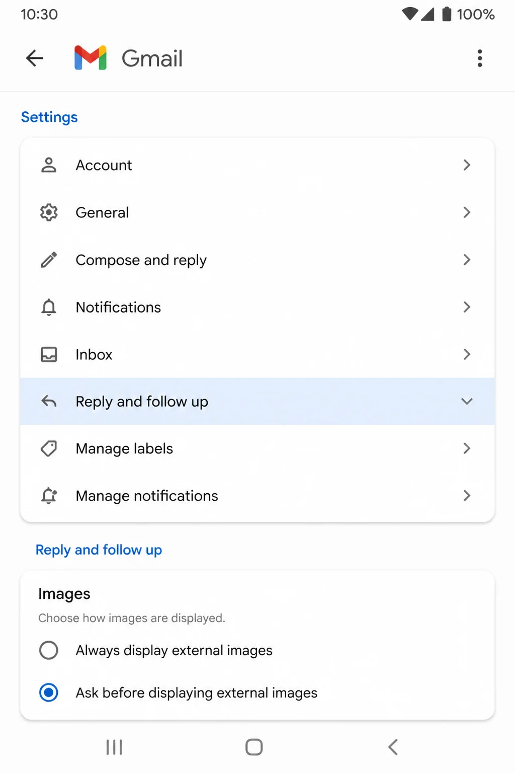 Gmail Android app account Settings page showing the Images option with "Ask before displaying external images" selected
