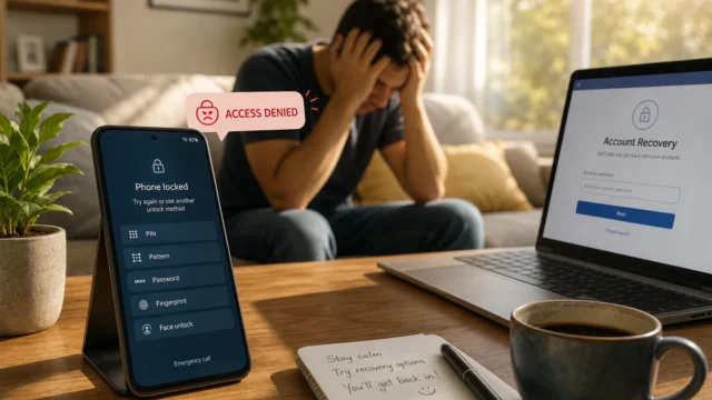 Stressed man on a couch with a locked phone showing unlock options and a laptop displaying Account Recovery, on a wooden table with a coffee mug nearby. - can-you-bypass-the-android-lock-screen-featured