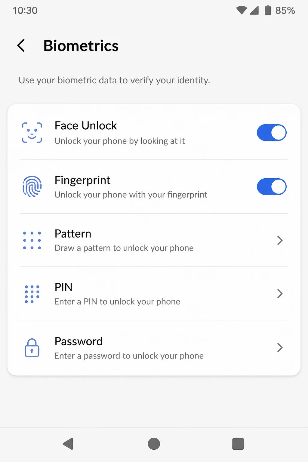Modern Android lock screen showing PIN, pattern, password, fingerprint, and face unlock options