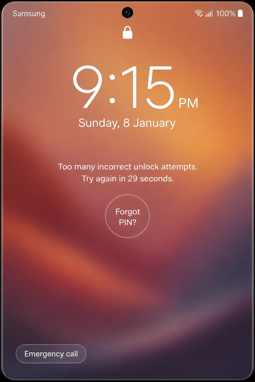 Android lock screen displaying the Forgot pattern or account recovery option after several failed attempts