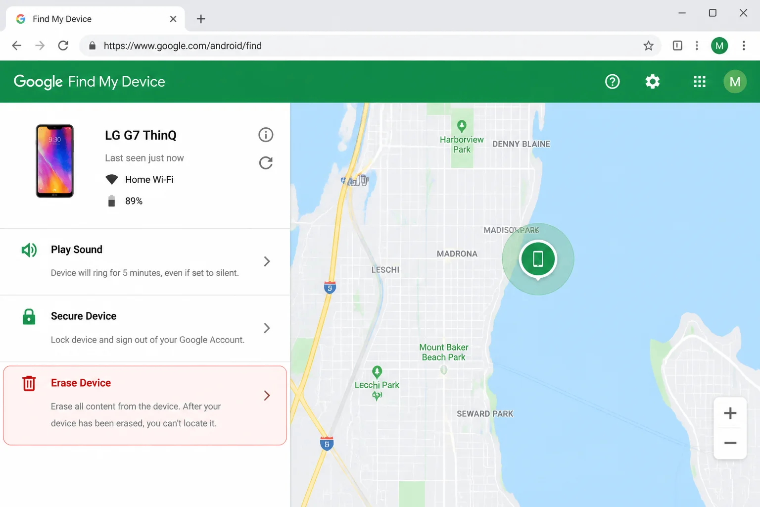 Google Find My Device showing a selected Android phone and the factory reset or erase option