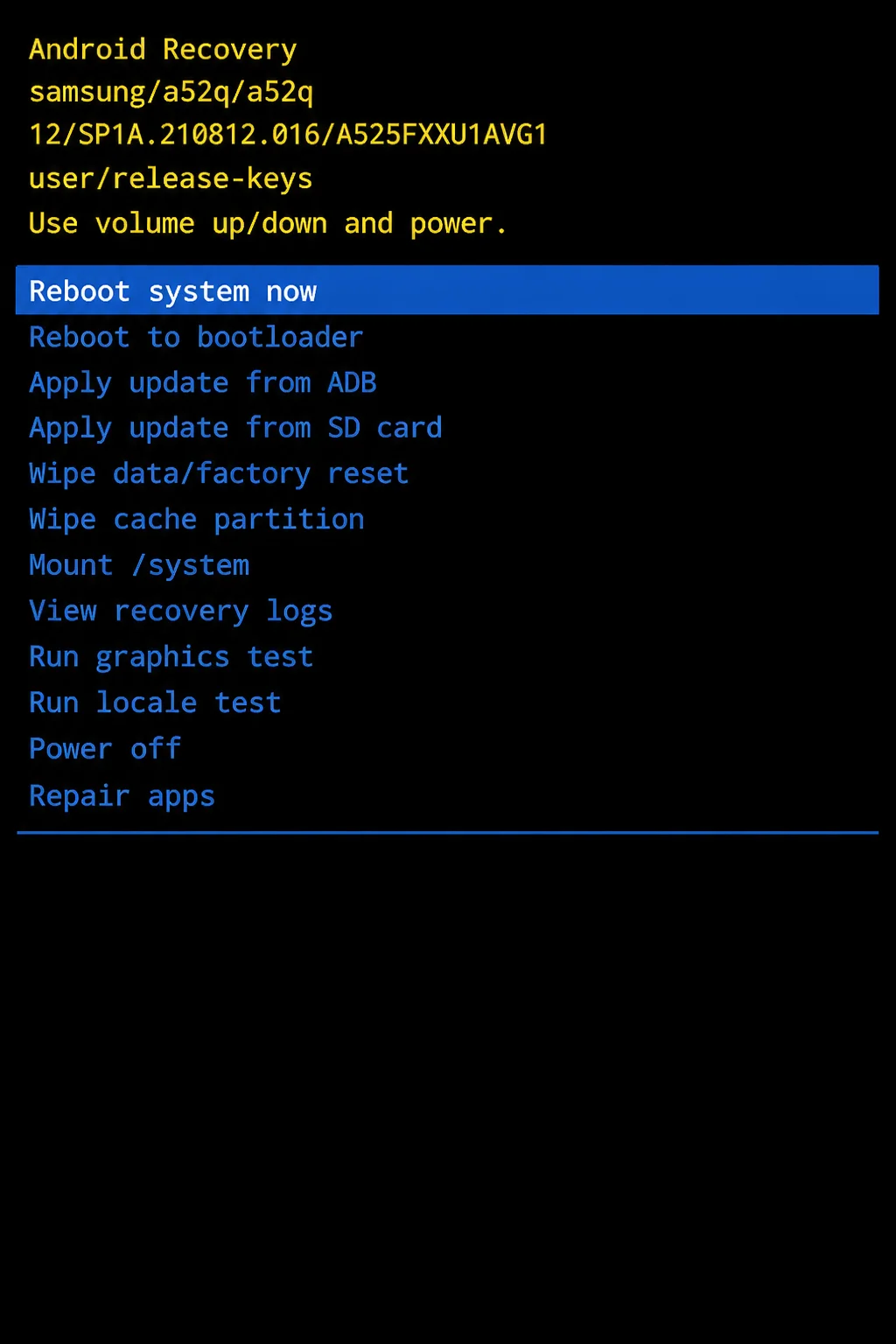 Android bootloader or startup menu showing the Recovery mode option highlighted