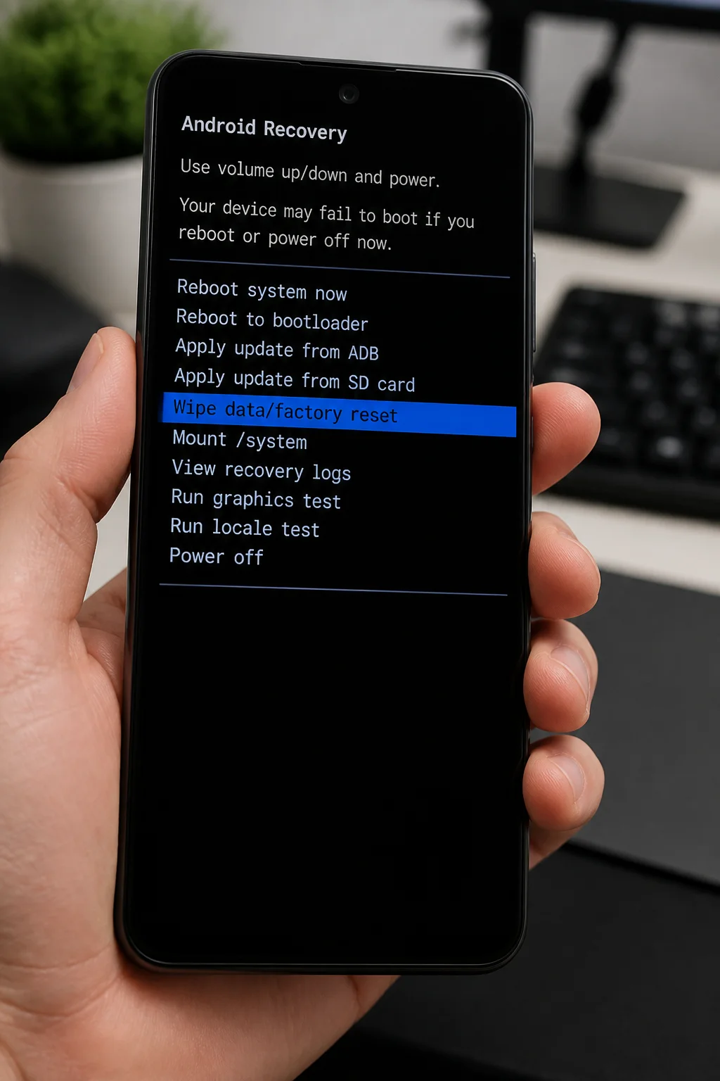 Android Recovery menu with Wipe data/factory reset highlighted and the data-loss warning visible