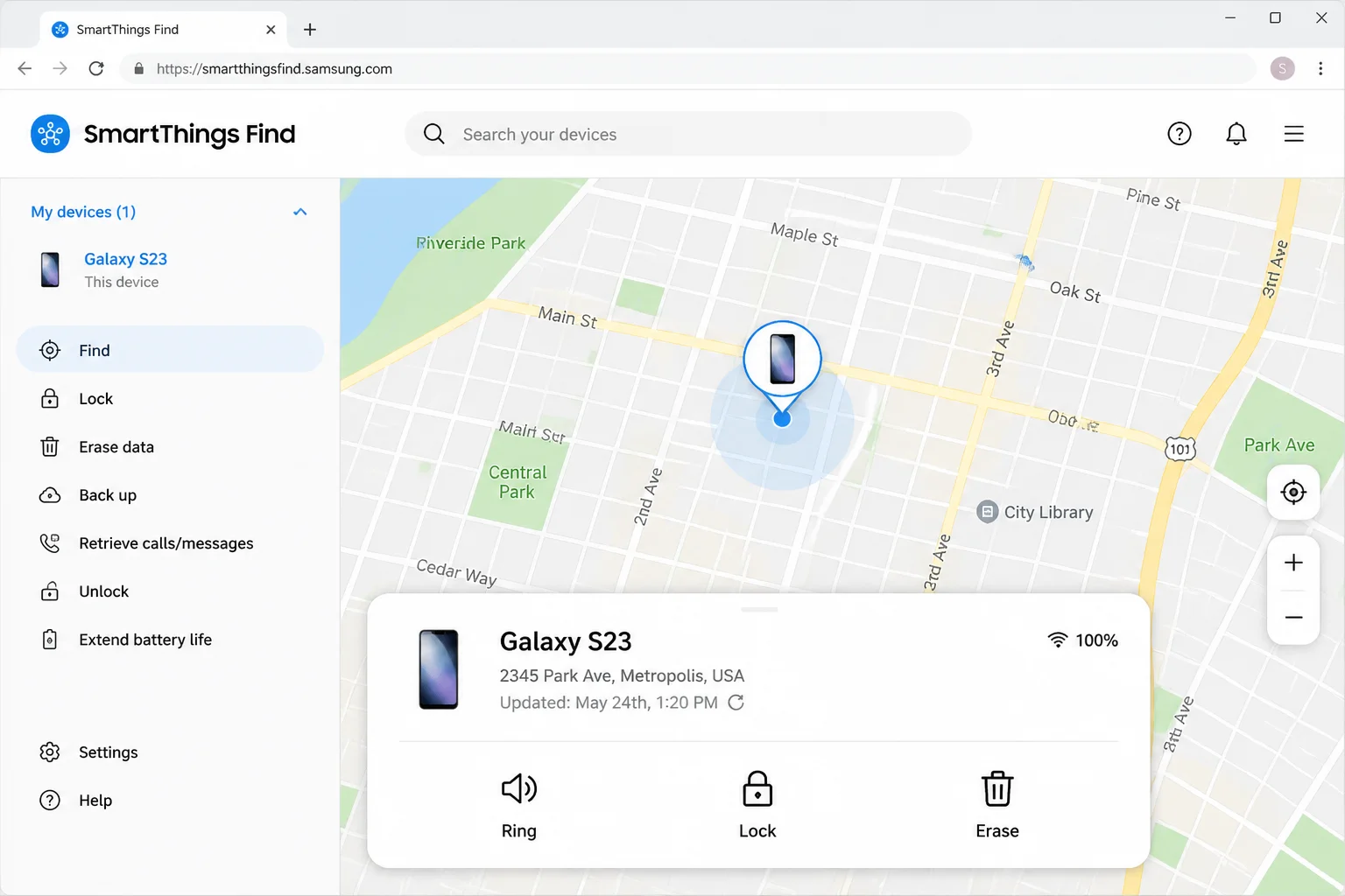 Samsung SmartThings Find showing a registered Galaxy phone and its currently available security or erase actions