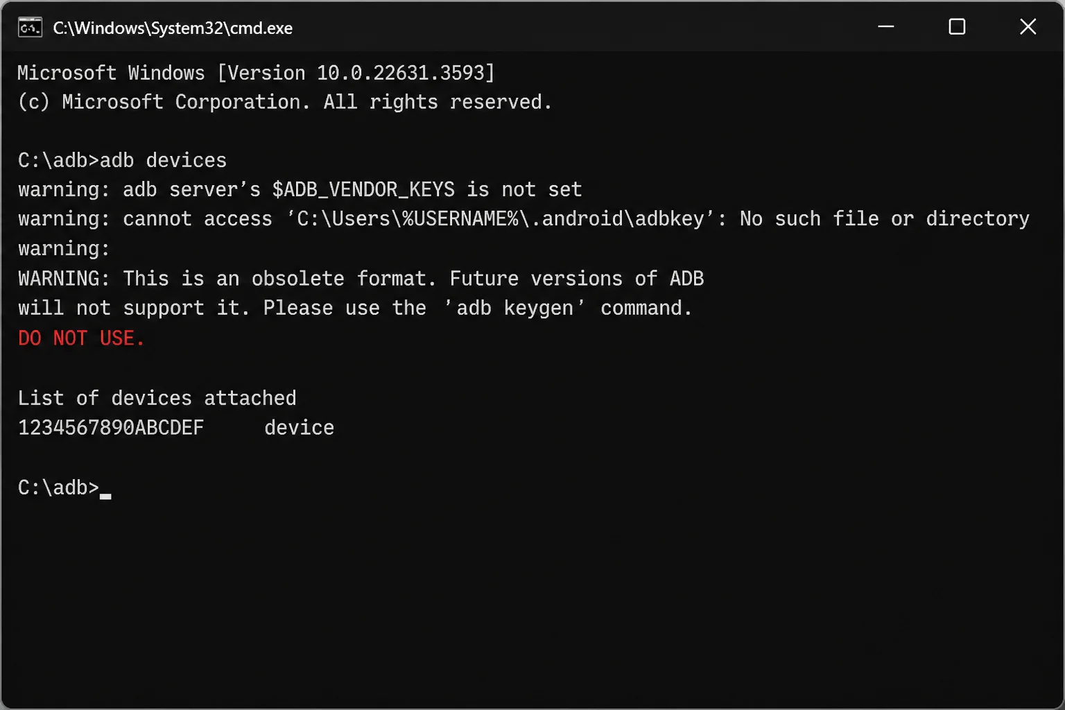 Android Debug Bridge terminal window illustrating the obsolete lock-file deletion approach with a clear do-not-use warning
