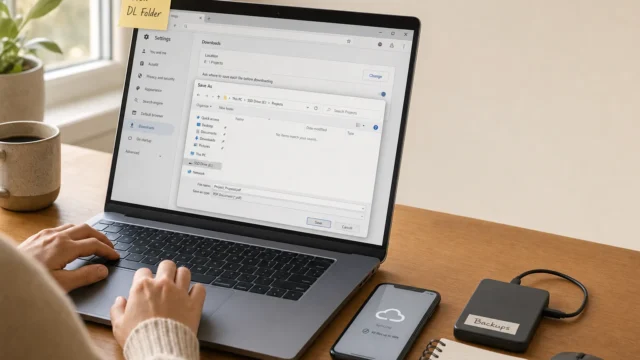 Laptop in use on a wooden desk with a sticky note reading 'New DL Folder' on the screen, plus a syncing phone and a labeled 'Backups' drive nearby. - change-default-download-folder-location-on-any-web-browser-featured