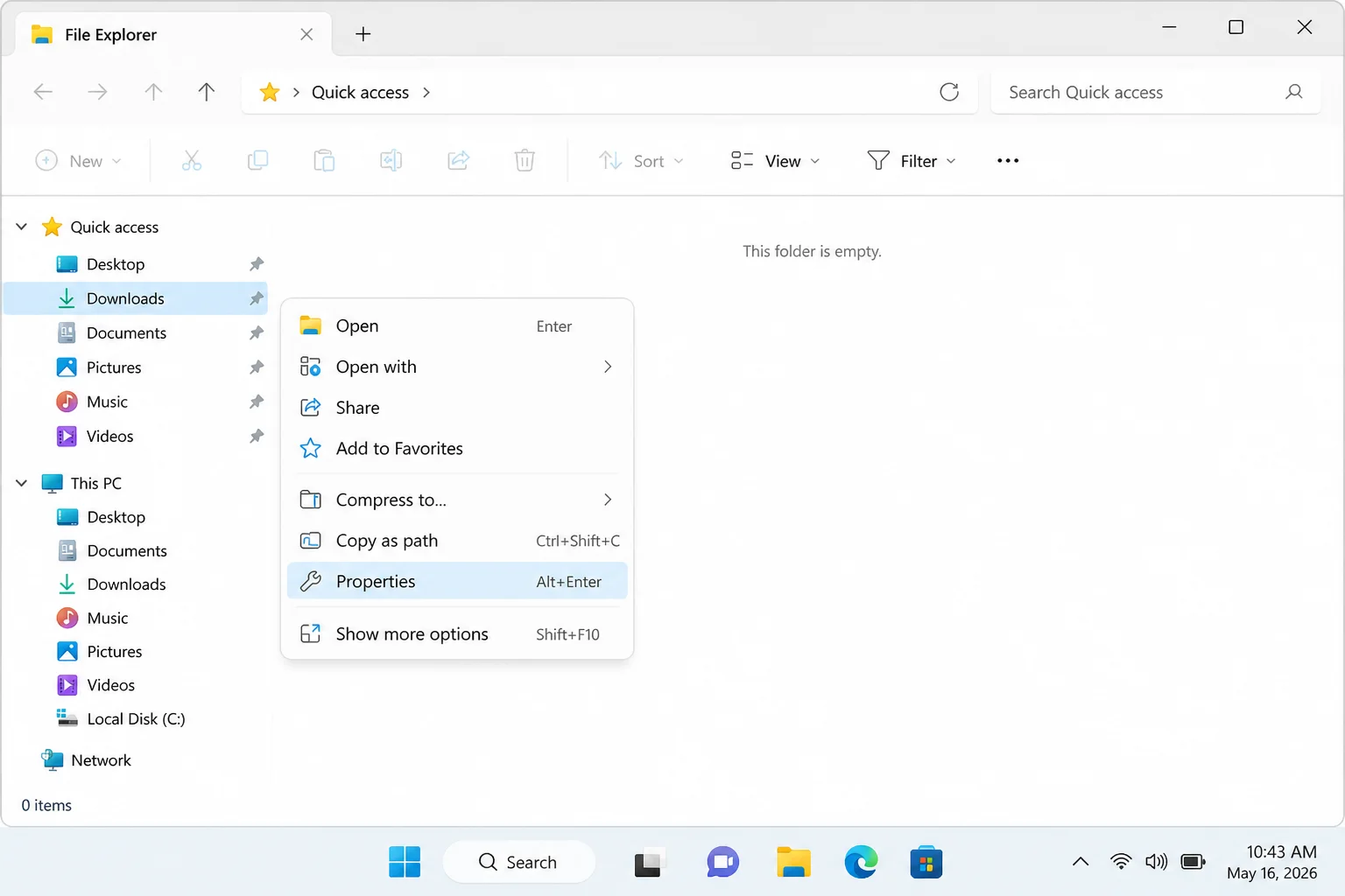File Explorer left sidebar with right-click context menu on Downloads folder showing Properties option highlighted