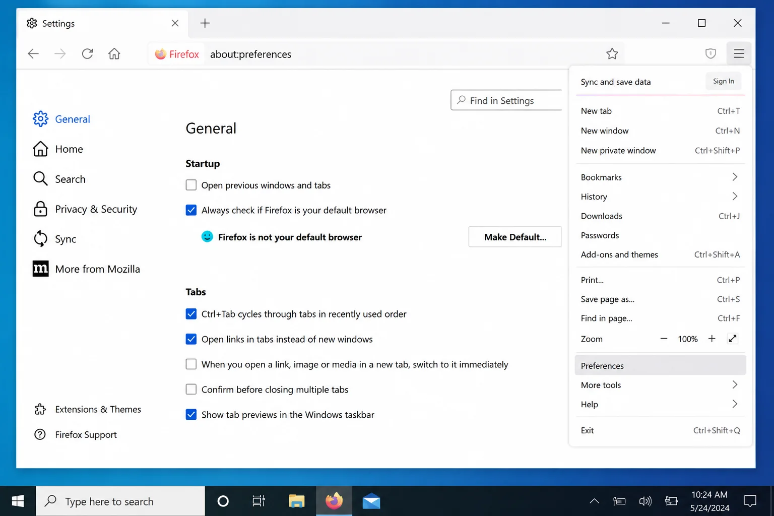 Firefox three-line menu open with Settings option highlighted