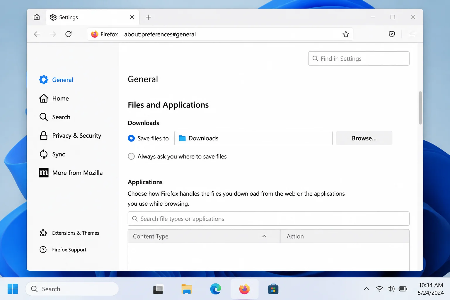 Firefox Settings General panel scrolled to Downloads section showing Save files to option and Browse button
