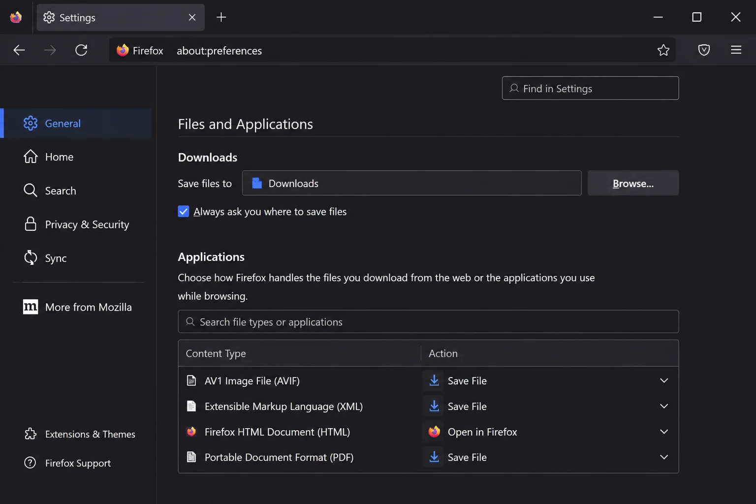 Firefox Downloads settings with Always ask you where to save files option selected