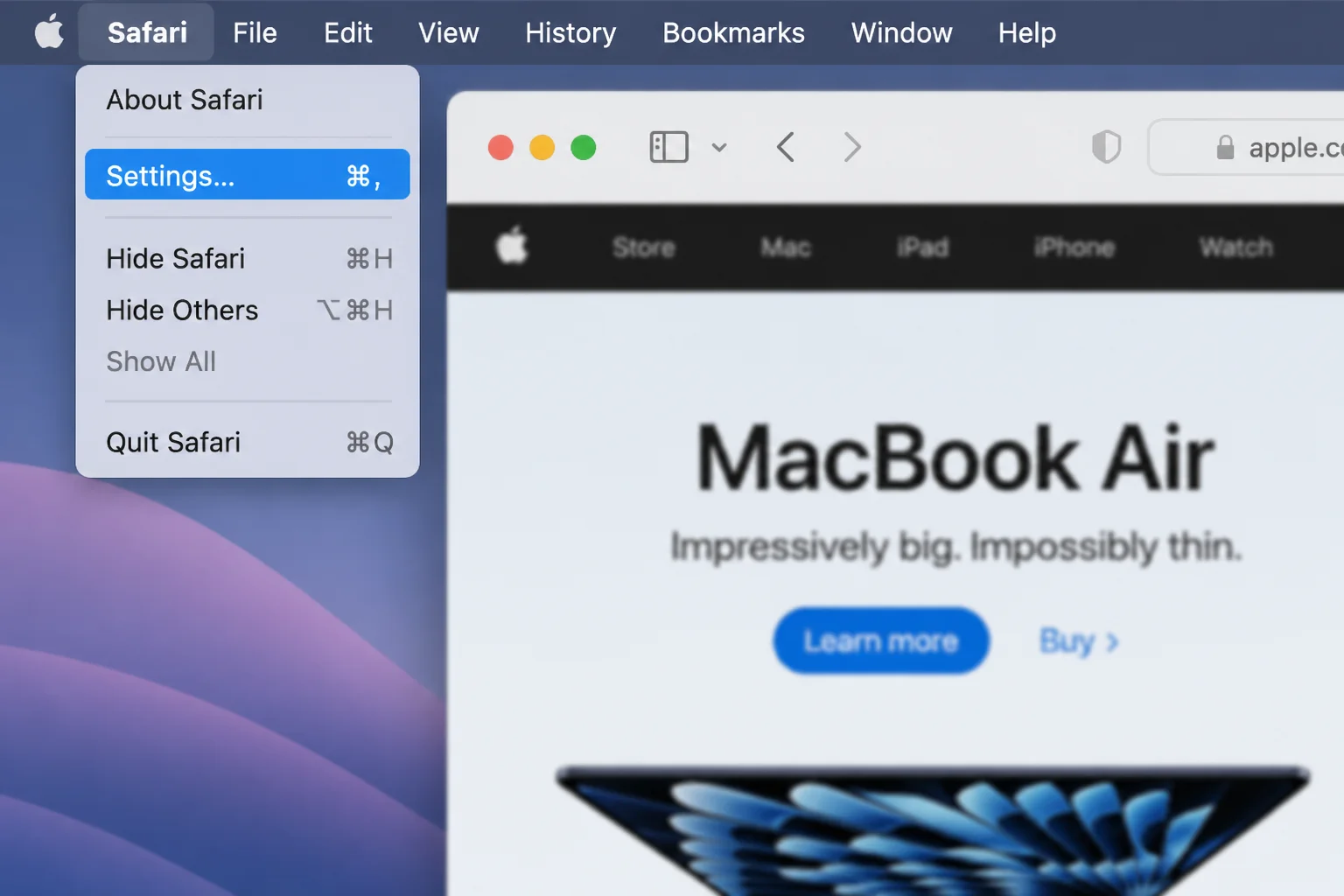 Safari menu bar with Safari menu open showing Settings option highlighted
