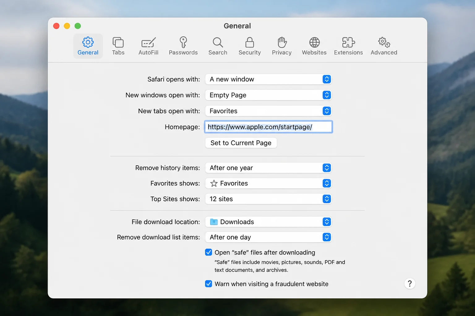 Safari Settings window open on General tab