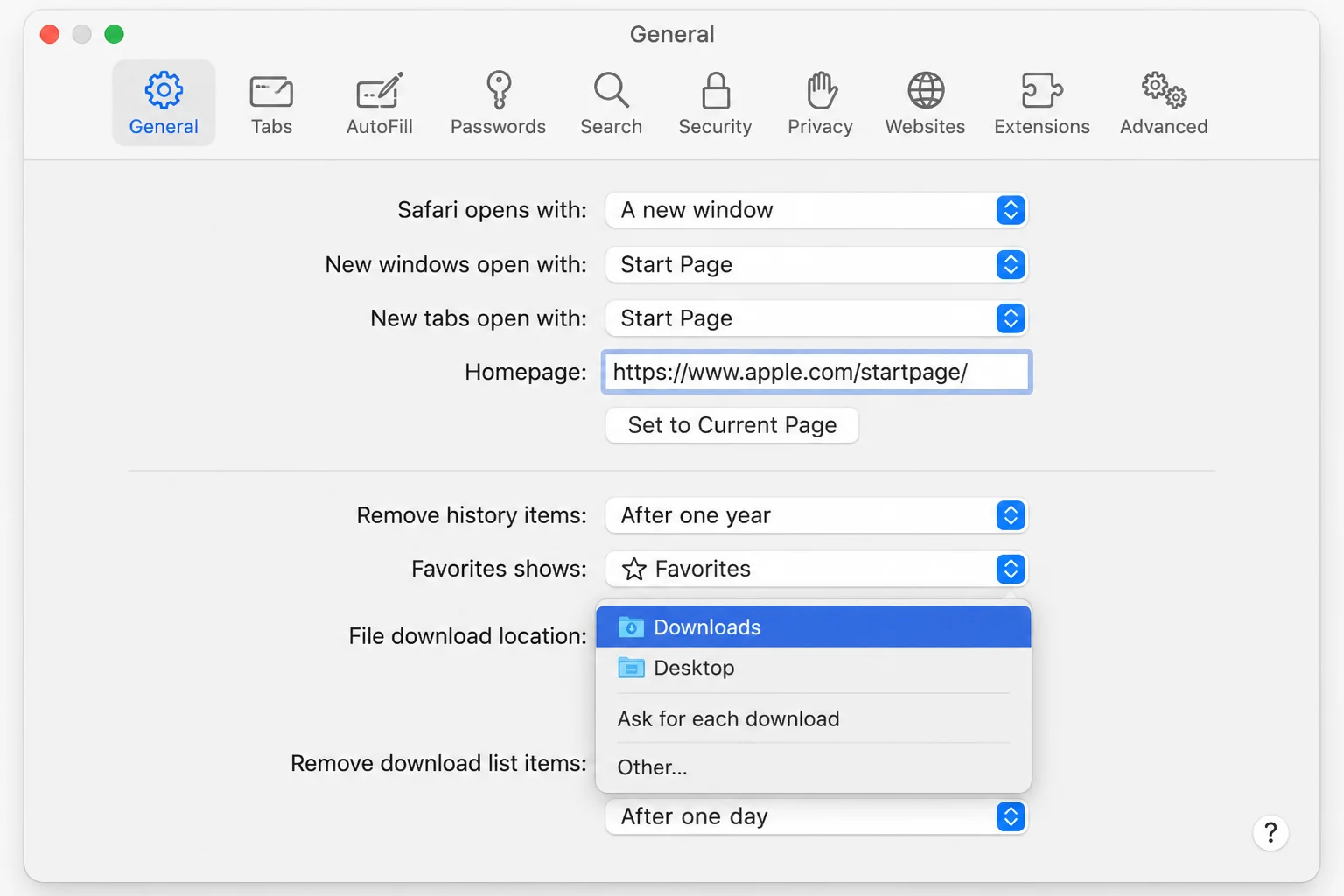 Safari Settings General tab with File download location dropdown open showing Downloads, Desktop, Other, and Ask for each