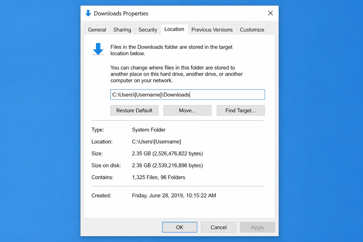 Downloads folder Properties window with Location tab selected, showing current folder path