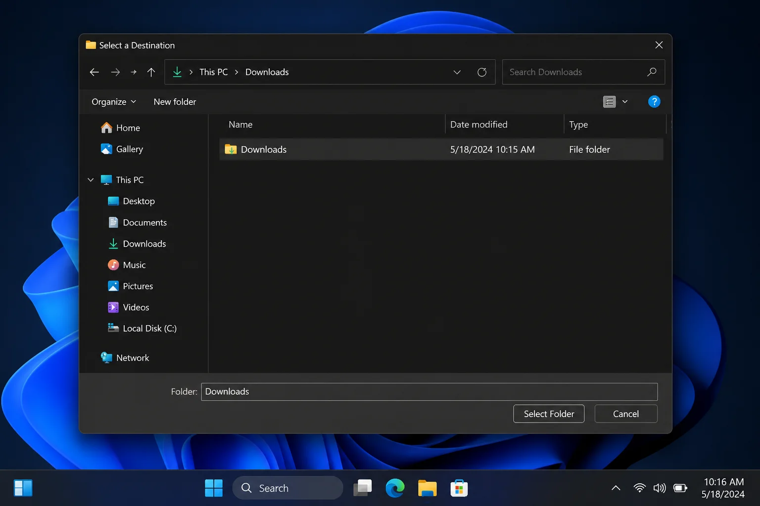 Browse For Folder dialog open with a secondary drive folder selected as the new Downloads location