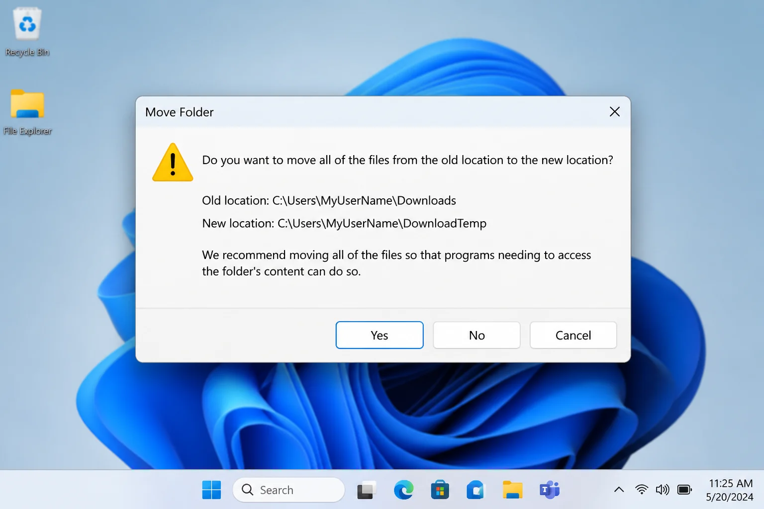 Windows dialog asking whether to move existing files from old Downloads folder to new location