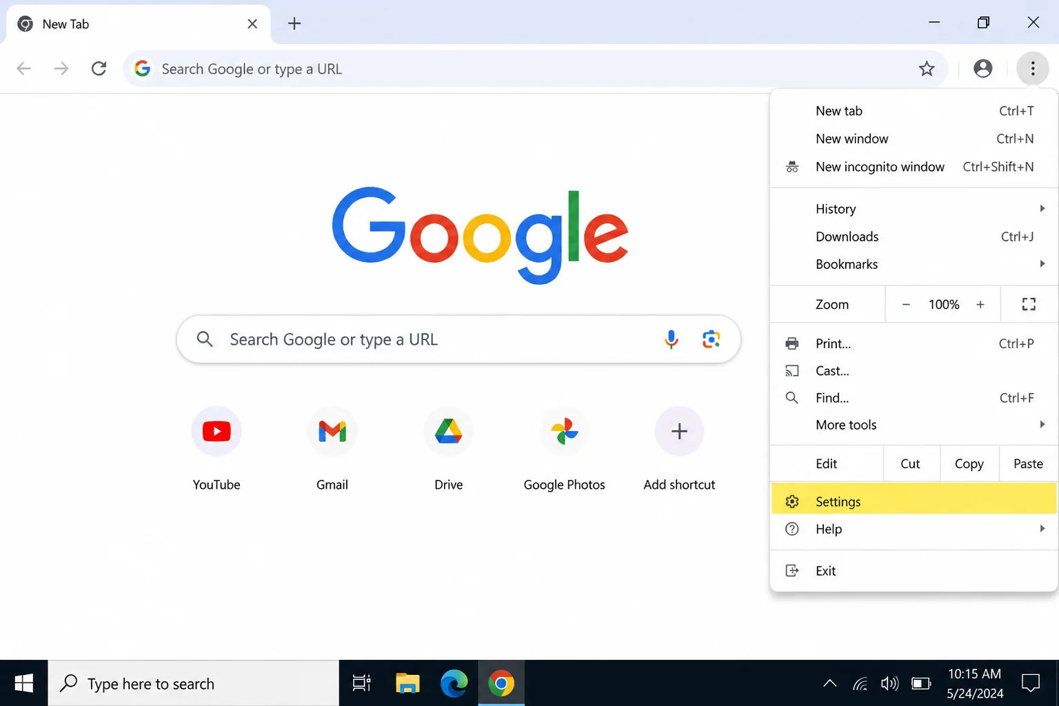 Chrome three-dot menu open with Settings option highlighted