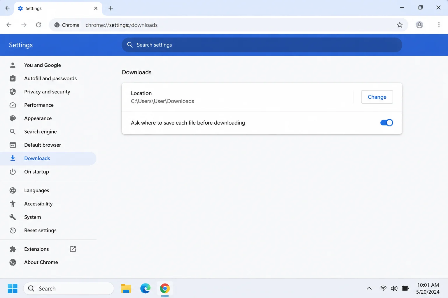 Chrome Settings page with Downloads selected in the left sidebar, showing Location and Ask where to save options