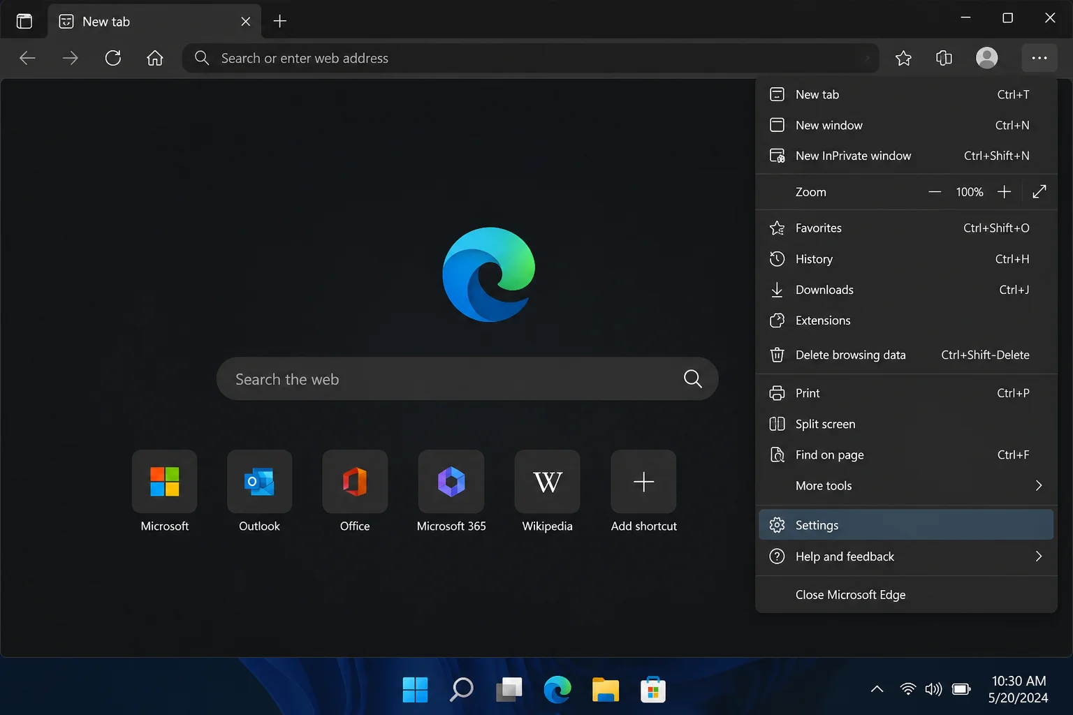 Microsoft Edge three-dot menu open with Settings option highlighted