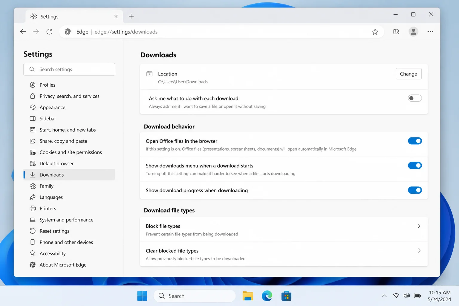 Edge Settings page with Downloads selected in the left sidebar