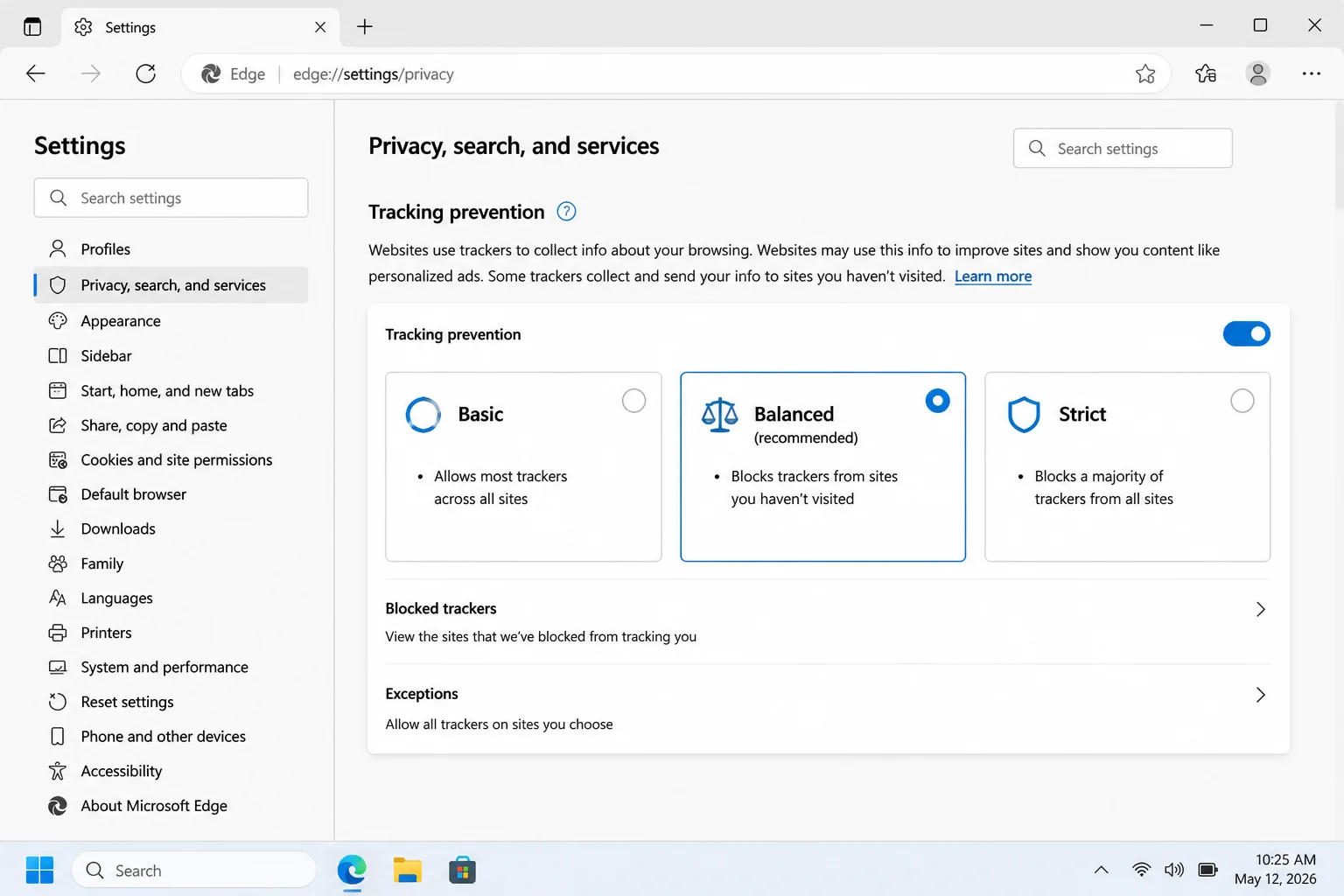 Edge Privacy, search, and services page at edge://settings/privacy showing Basic, Balanced, Strict, and Exceptions under Tracking prevention