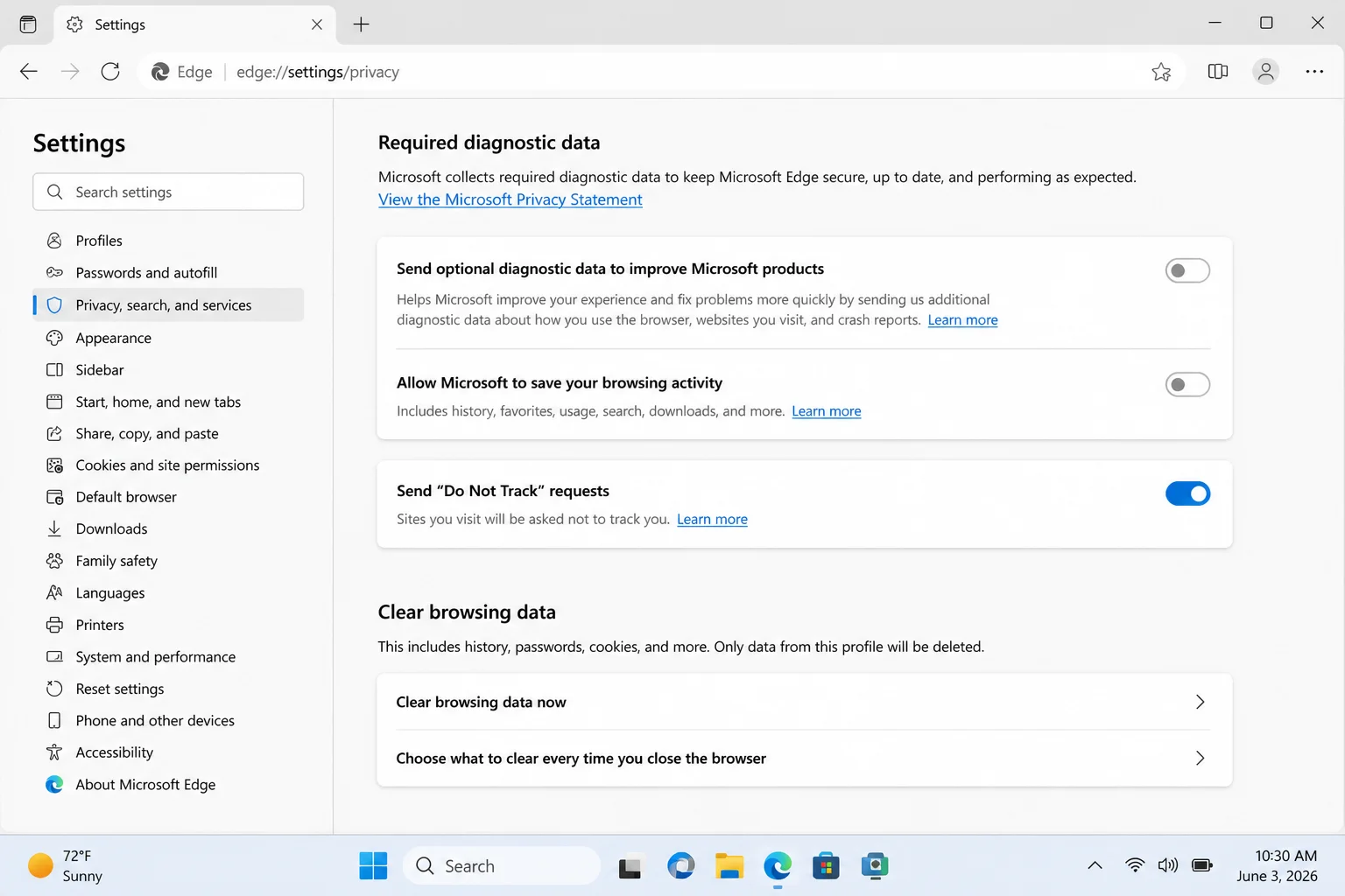 Edge privacy controls showing optional diagnostic data, browsing-activity personalization, and Send Do Not Track requests