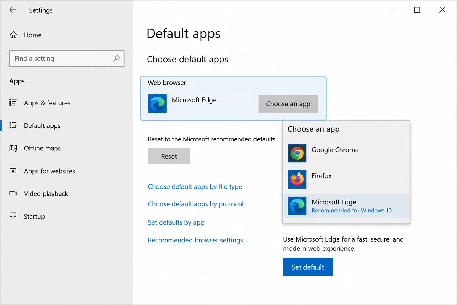 Windows Default apps panel showing the installed browser selection area and Set default control