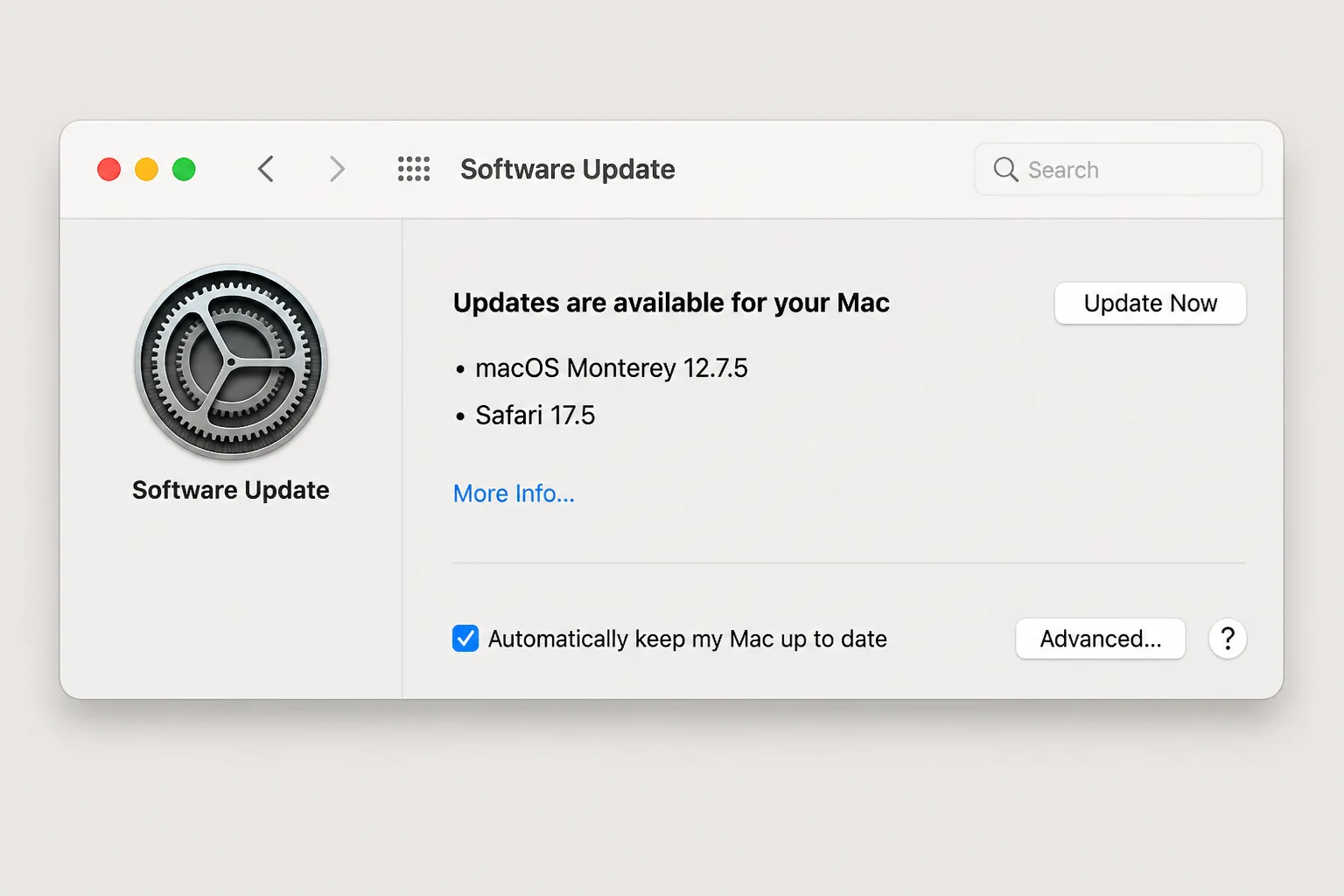 macOS Software Update panel showing update status and demonstrating that Safari updates arrive with operating-system updates