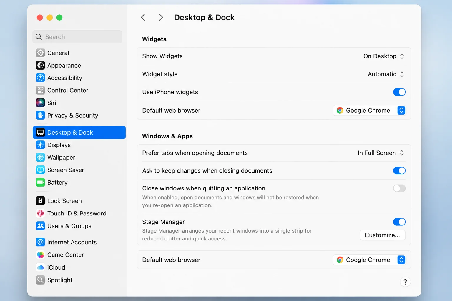 macOS Desktop and Dock settings showing the Default web browser menu