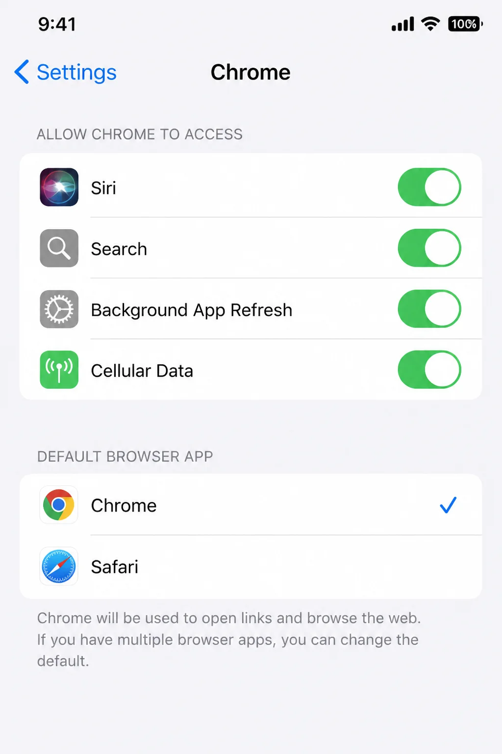 iOS Settings showing the Default Browser App control for an installed browser
