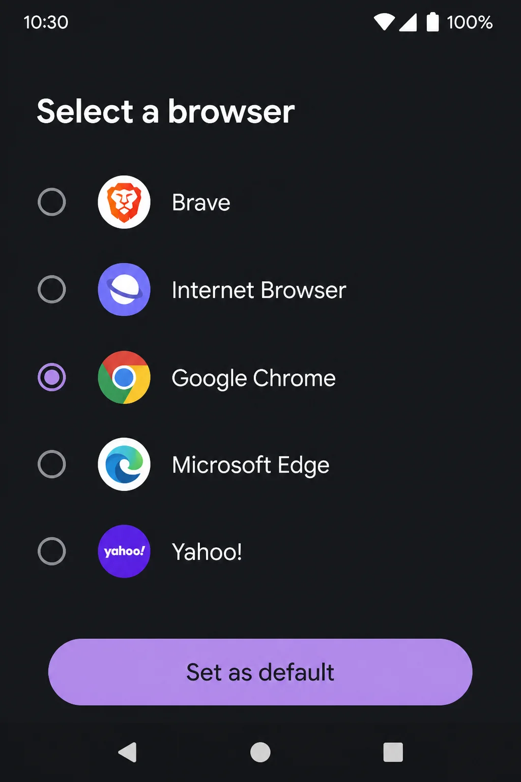 Android Default apps screen showing the Browser app selection control